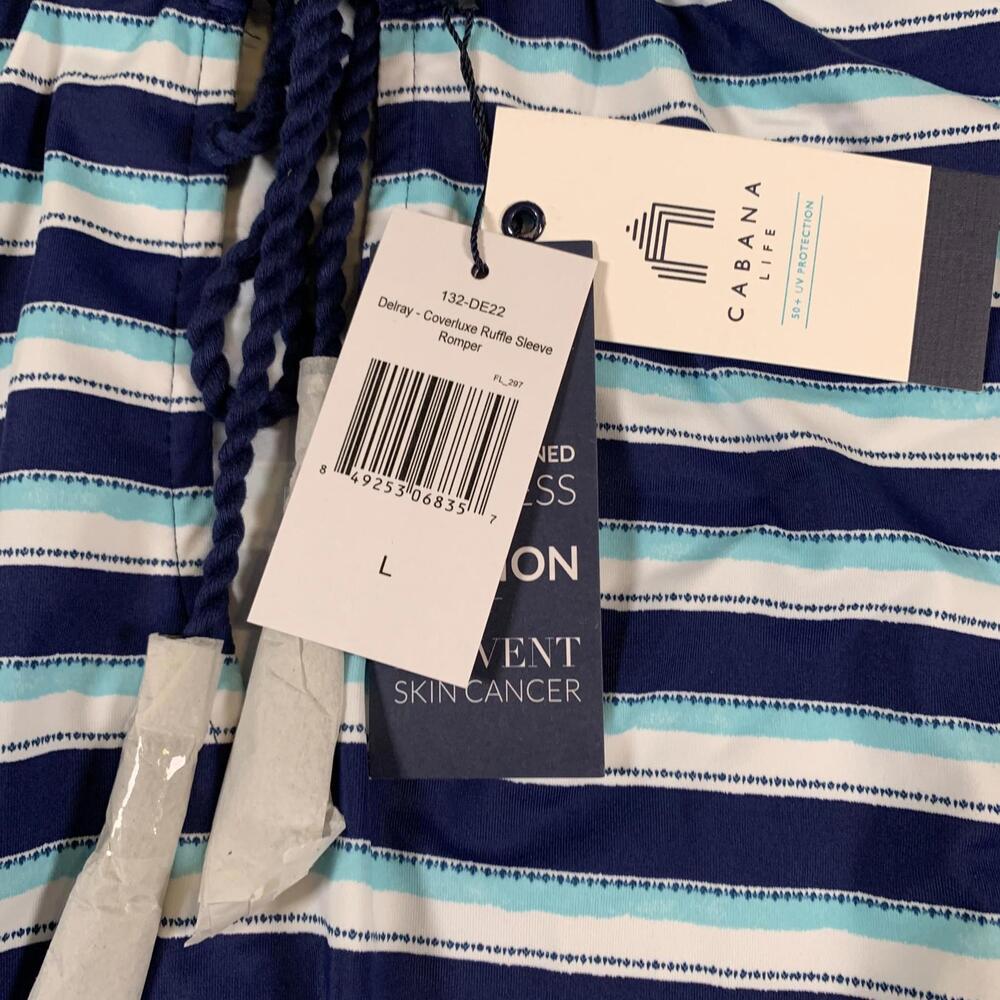 Cabana Life Romper Womens Large Blue White Striped Delray UPF 50+ Ruffle Sleeve‎ - Picture 3 of 10